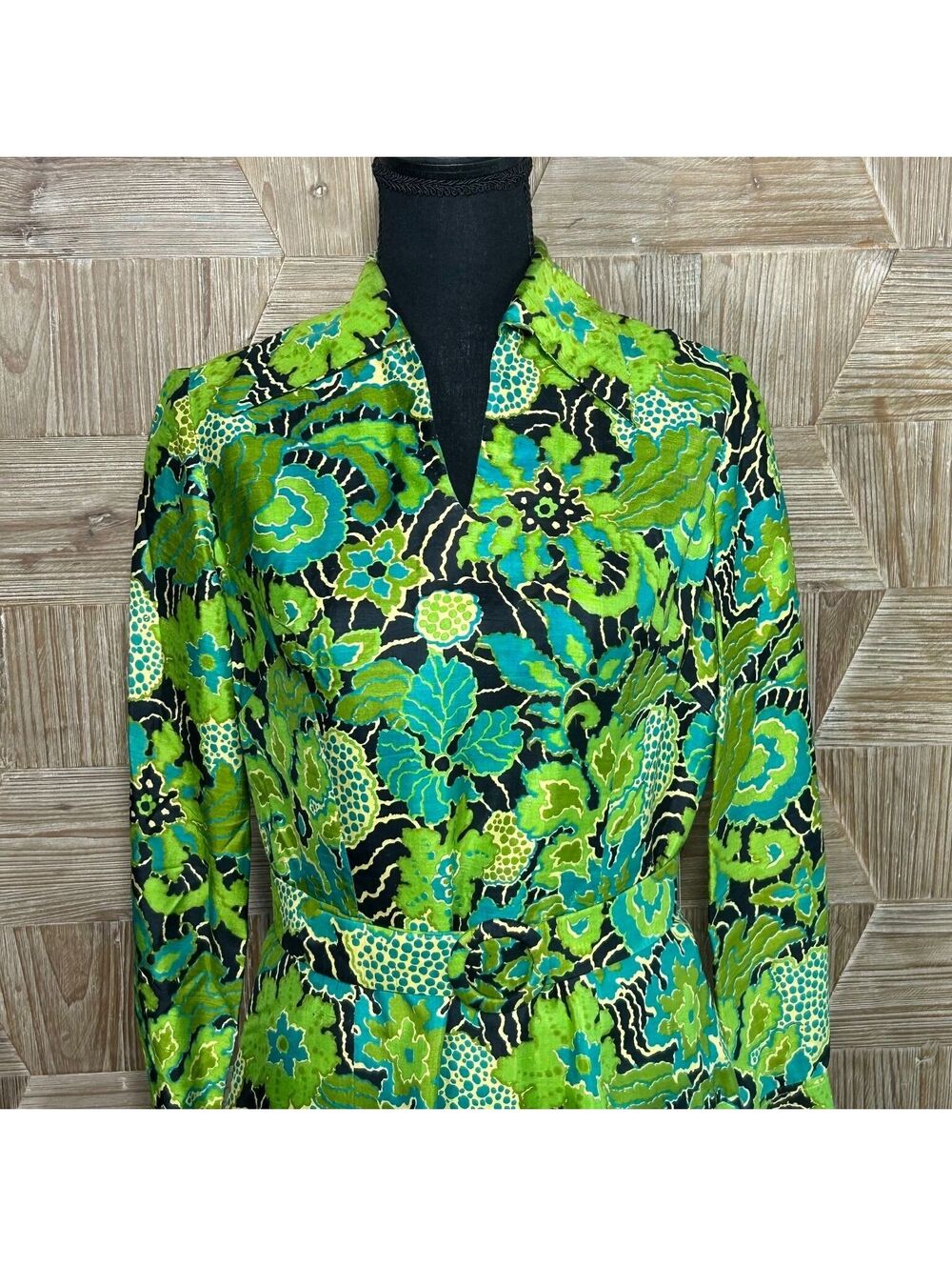 Vintage 70s Retro Silk Long Sleeve Belted Shirt Dress Green Floral Midi S/M Mod - Picture 6 of 12